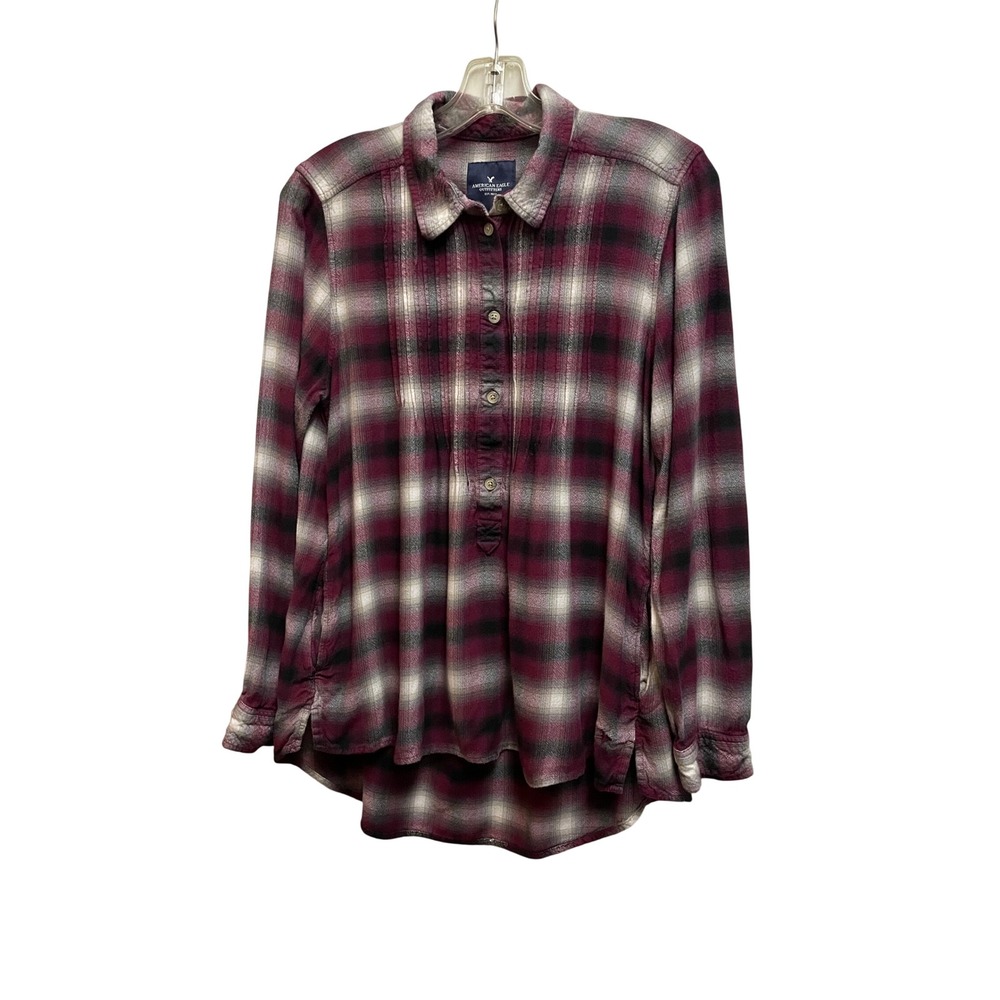 American Eagle Plaid Flannel Shirt Burgundy Black Pintuck Henley Top Large